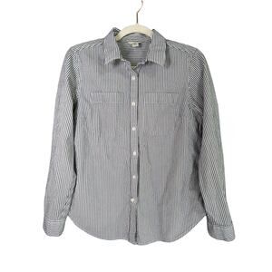 LL Bean Shirt Womens S Black White Stripe Seersucker Button Up